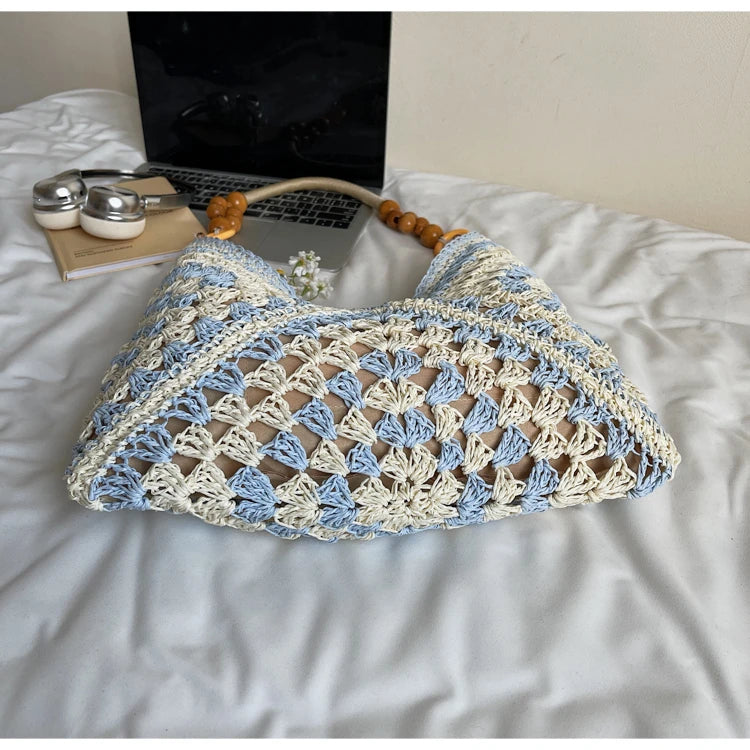 Women's Beach Crochet Shoulder Bag Medium Wave Knit Woven Blue Handbag
