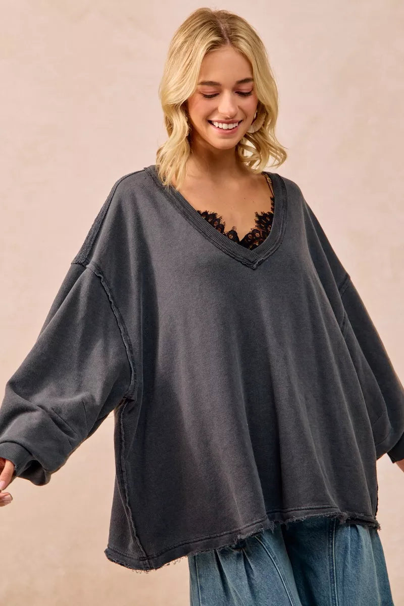 BiBi Womens Sweatshirt Ash Black Mineral Washed French Terry Oversized Top 400138ddcd6f4e5fa53a38c664c1b80b-Max-Origin Trendsi