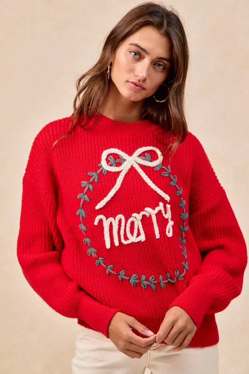BiBi Christmas Womens Pullover Red Wreath Merry Letter Knit Top 4001bb92f088429dbb588077d33b52c1-Max-Origin Trendsi