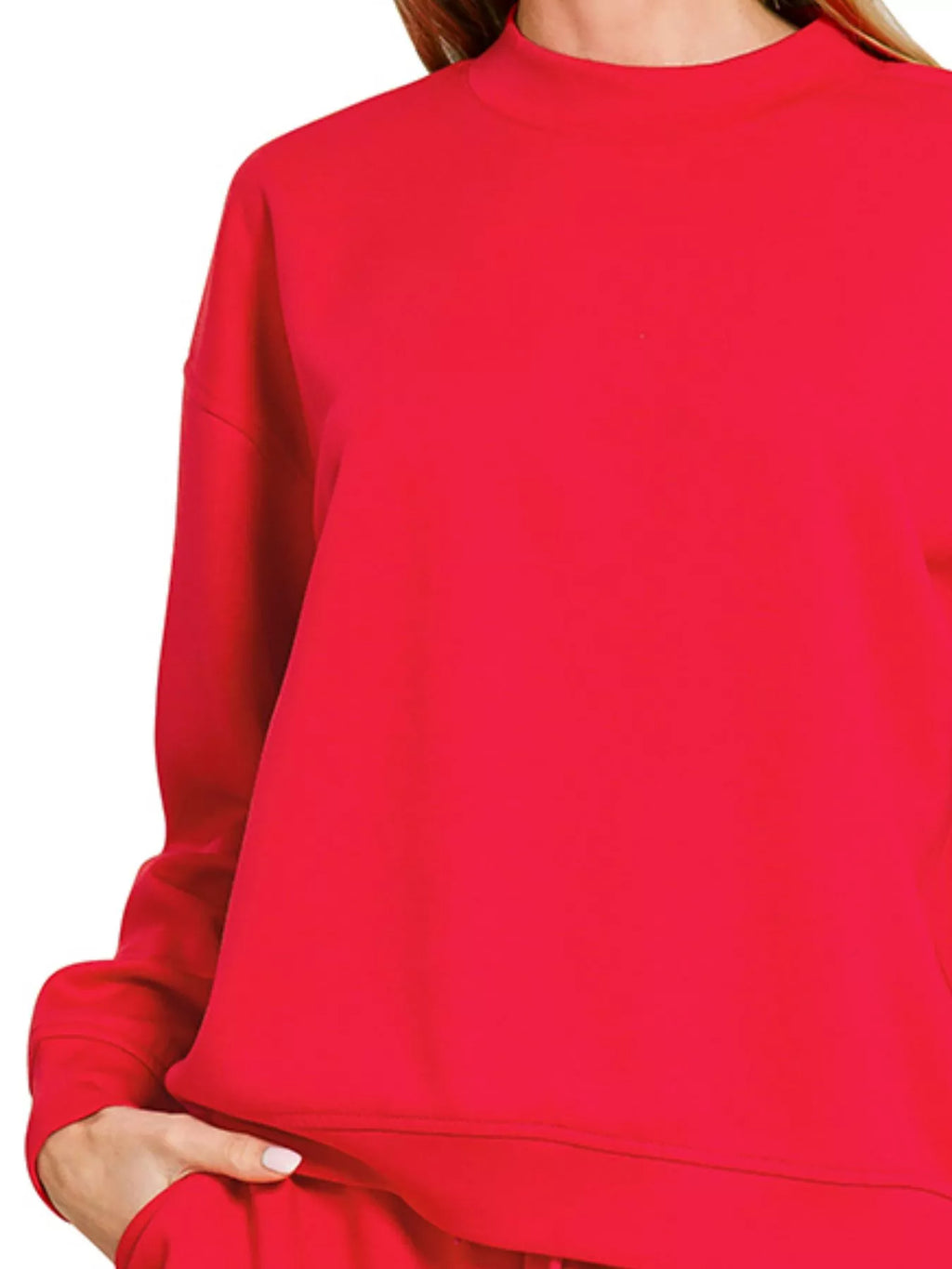 Zenana Womens Outfit Set Ruby Red Scuba Long Sleeve Sweatshirt and Shorts 40125bbe-d00b-4f40-9838-608a4ced2341-Max-Origin Trendsi