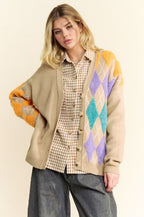 Davi & Dani Argyle Cardigan V-Neck Single Breasted Long Sleeve Sweater 401f3d7d-51dc-4306-bf1e-72b061cabaeb-Max Trendsi