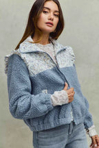 SO ME Women Jacket Faux Fur Sherpa Blue Pull with Floral Ruffle Contrast Zipper 4026c7a5769b4008a6474d170cdc5666-Max-Origin Trendsi
