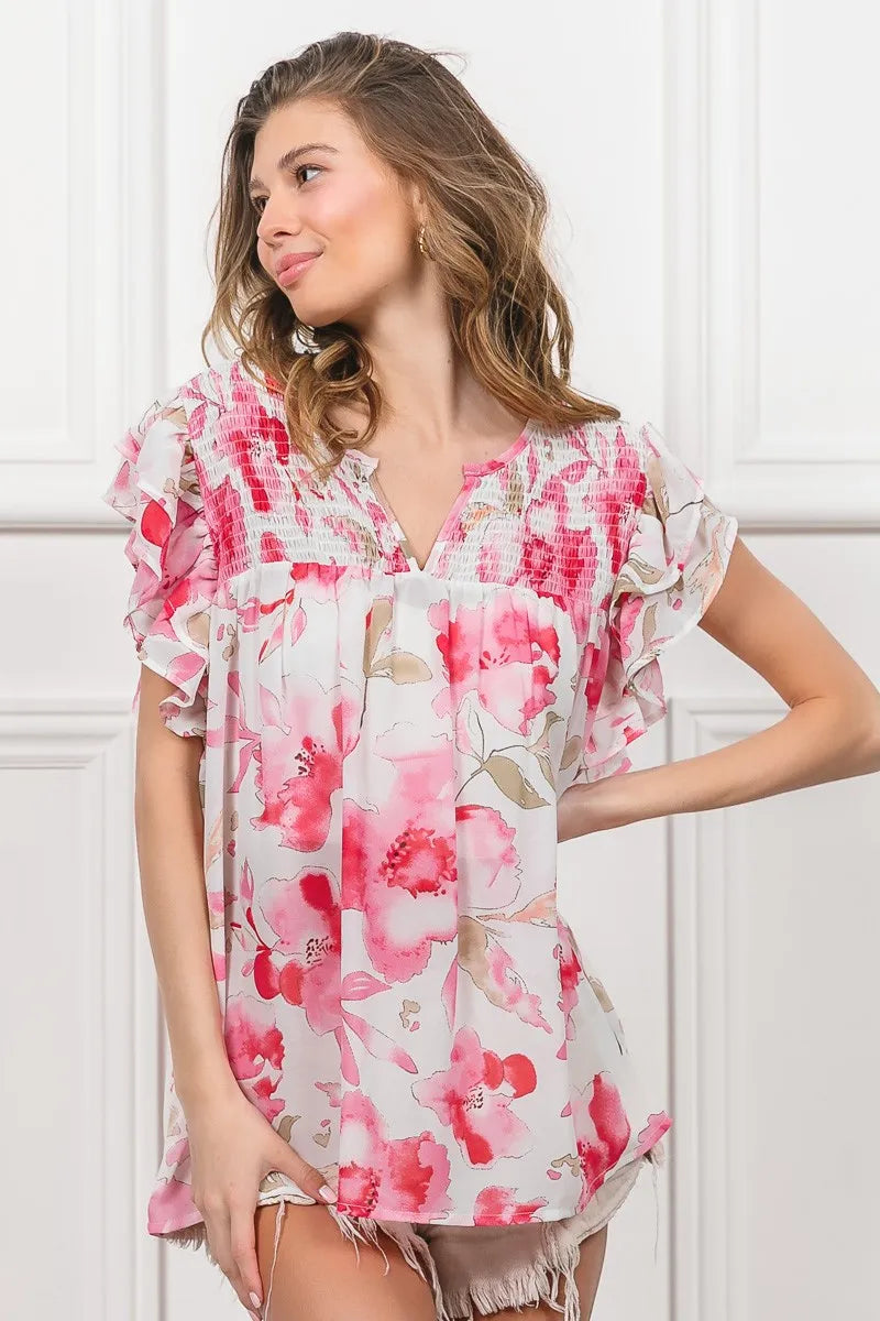 BiBi Blouse Ruffled Floral Print Flutter Sheer Top Short Sleeve 402daf90c2b946c98398f157603fe902-Max-Origin Trendsi