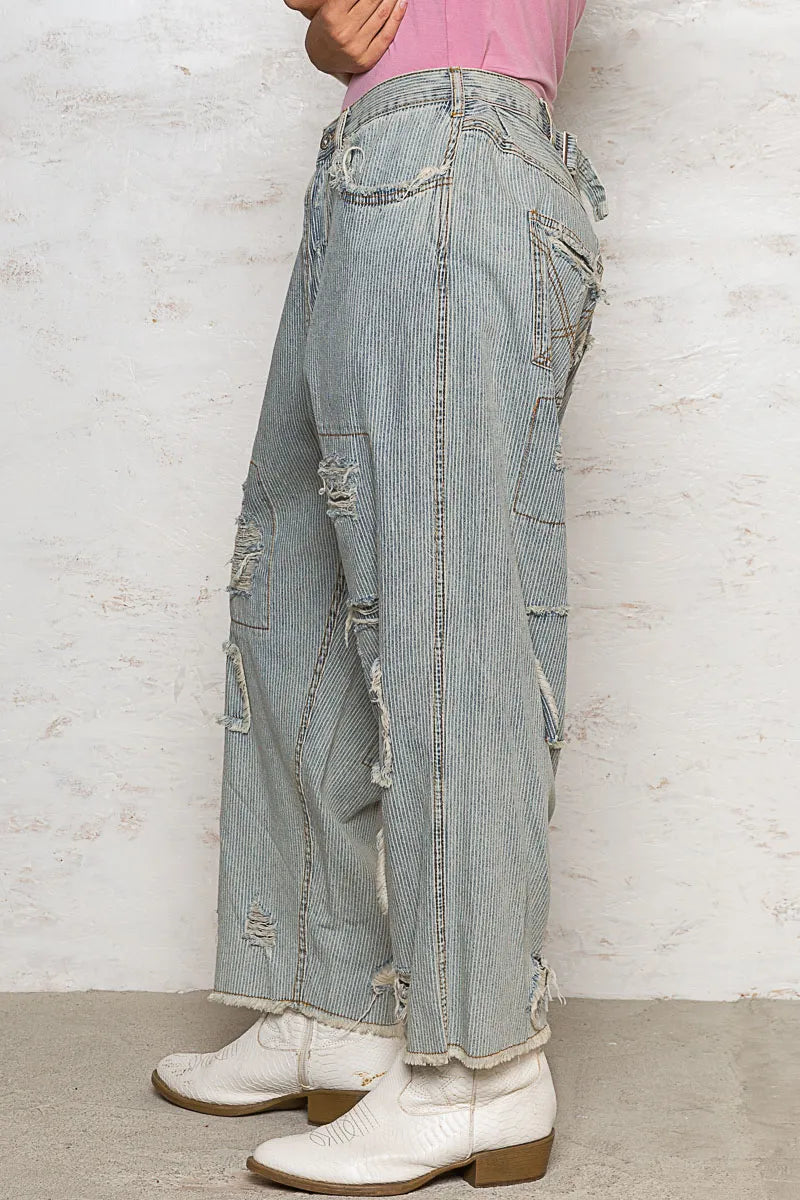 POL Wide Leg Pants Women's Distressed Raw Hem Light Denim 40312702-9643-4930-8867-22ec9d7c3903-Max-Origin Trendsi