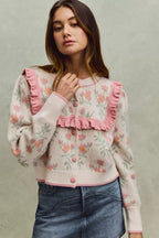 SO ME Womens Sweater Cardigan Beige Pink Flower With Ruffle Detailing 4032c13c9301491ba6bb26387783aa89-Max-Origin Trendsi