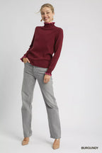 Umgee Women's Sweater Burgundy Ribbed Round Neck with Ruffle Contrast Trim 403f3e9c-4998-45a4-a75e-e0d6dd65c879-Max-Origin Trendsi