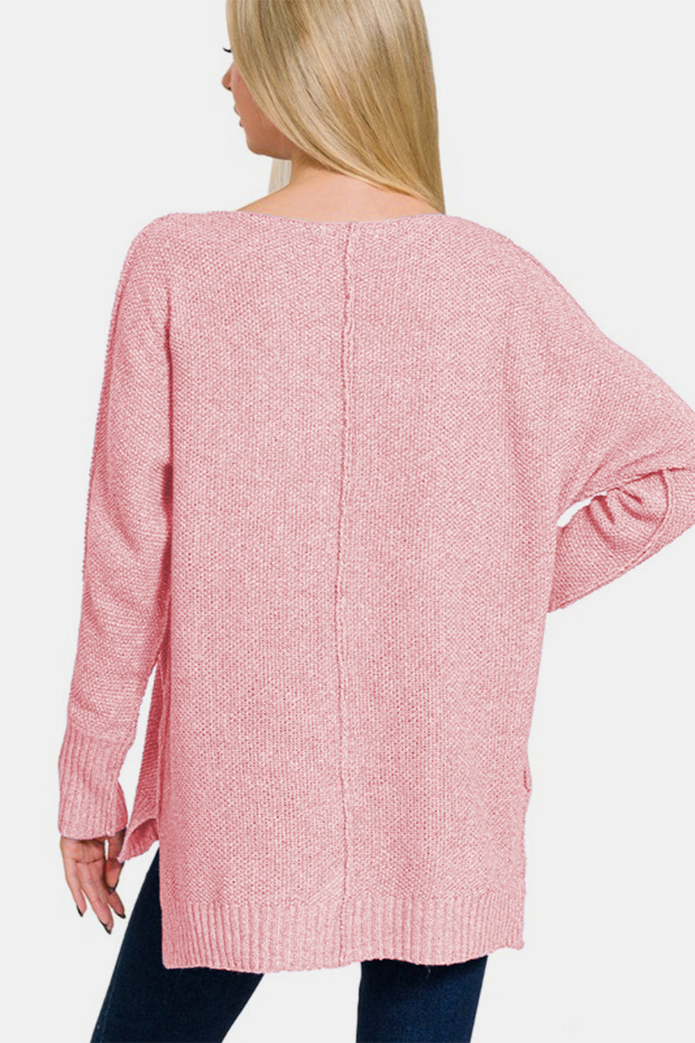 Zenana Sweater Dusty Pink High-Low Center Knit Seam V-Neck Long Sleeve