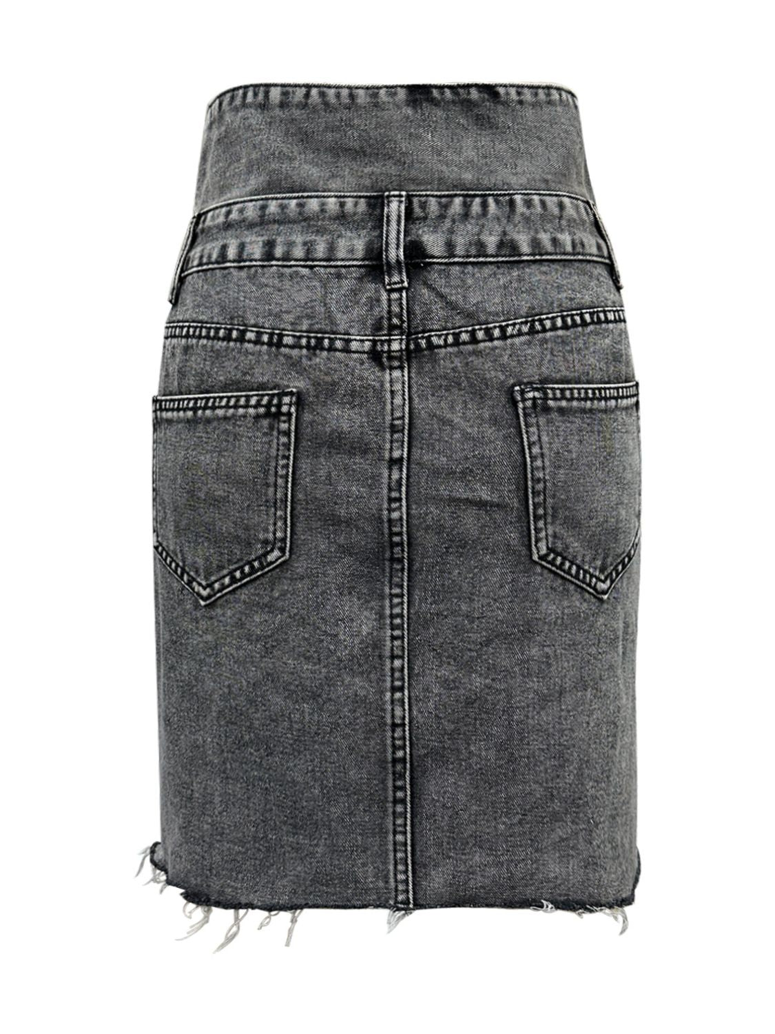 Dark Gray Denim Skirt High Waist Raw Hem Buttoned Women Skirts Pocketed