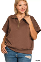 Zenana Womens Sweatshirt Brown Scuba High Neck Half Zip Short Sleeve Top 4051f415-7a54-410f-9b9f-e1f98a21c989-Max-Origin Trendsi