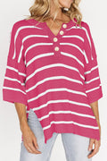Stripe Knit Top Women's Collared Button Drop Shoulder Side Slit Long Sleeve Hot Pink 405514f6-41bc-4ec8-8db7-5d66b4c26485-Max Trendsi