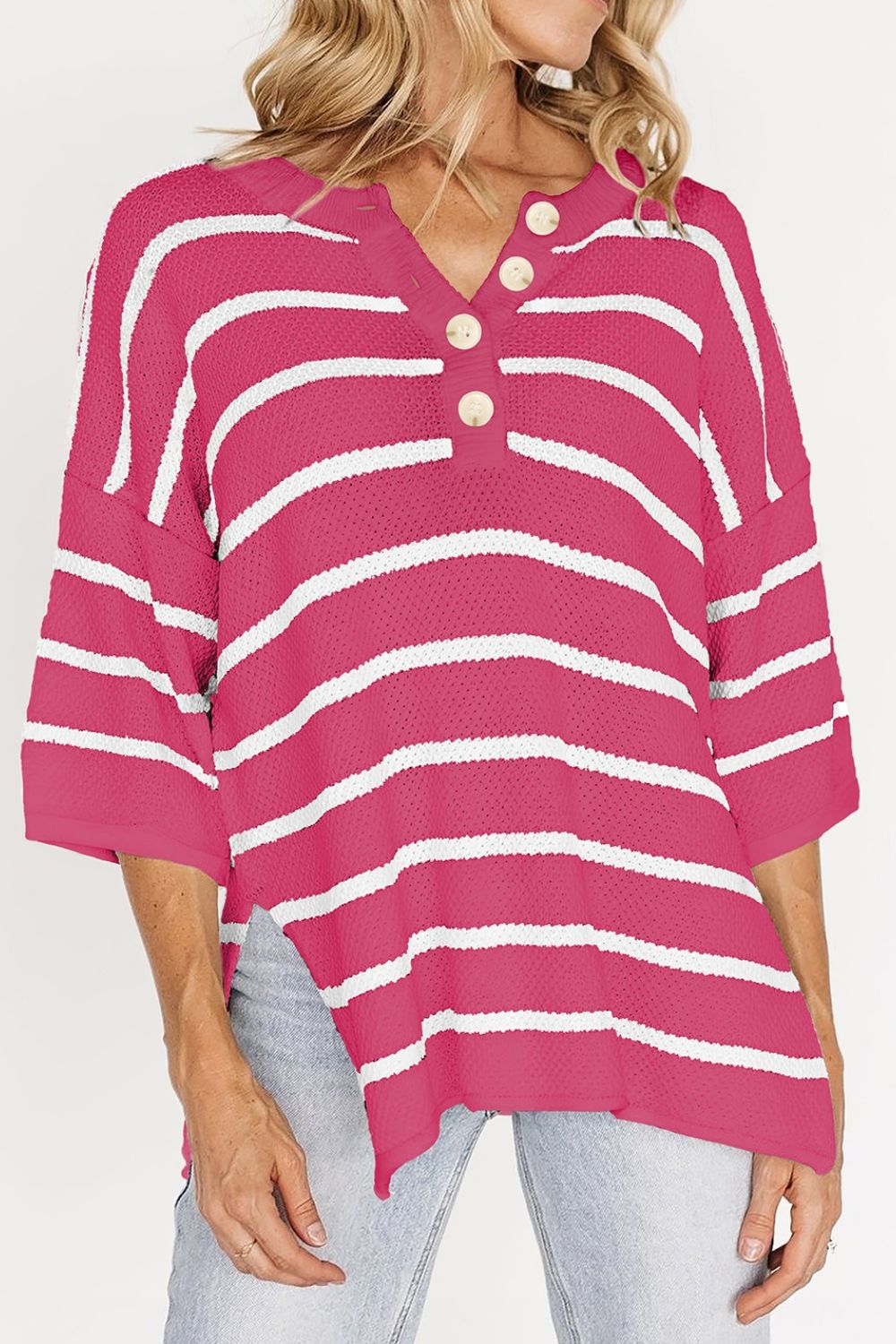 Stripe Knit Top Women's Collared Button Drop Shoulder Side Slit Long Sleeve Hot Pink 405514f6-41bc-4ec8-8db7-5d66b4c26485-Max Trendsi
