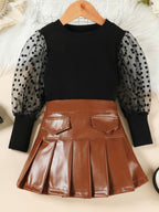 Children's Polka Dot Sleeve Top and Faux Leather Skirt Set
