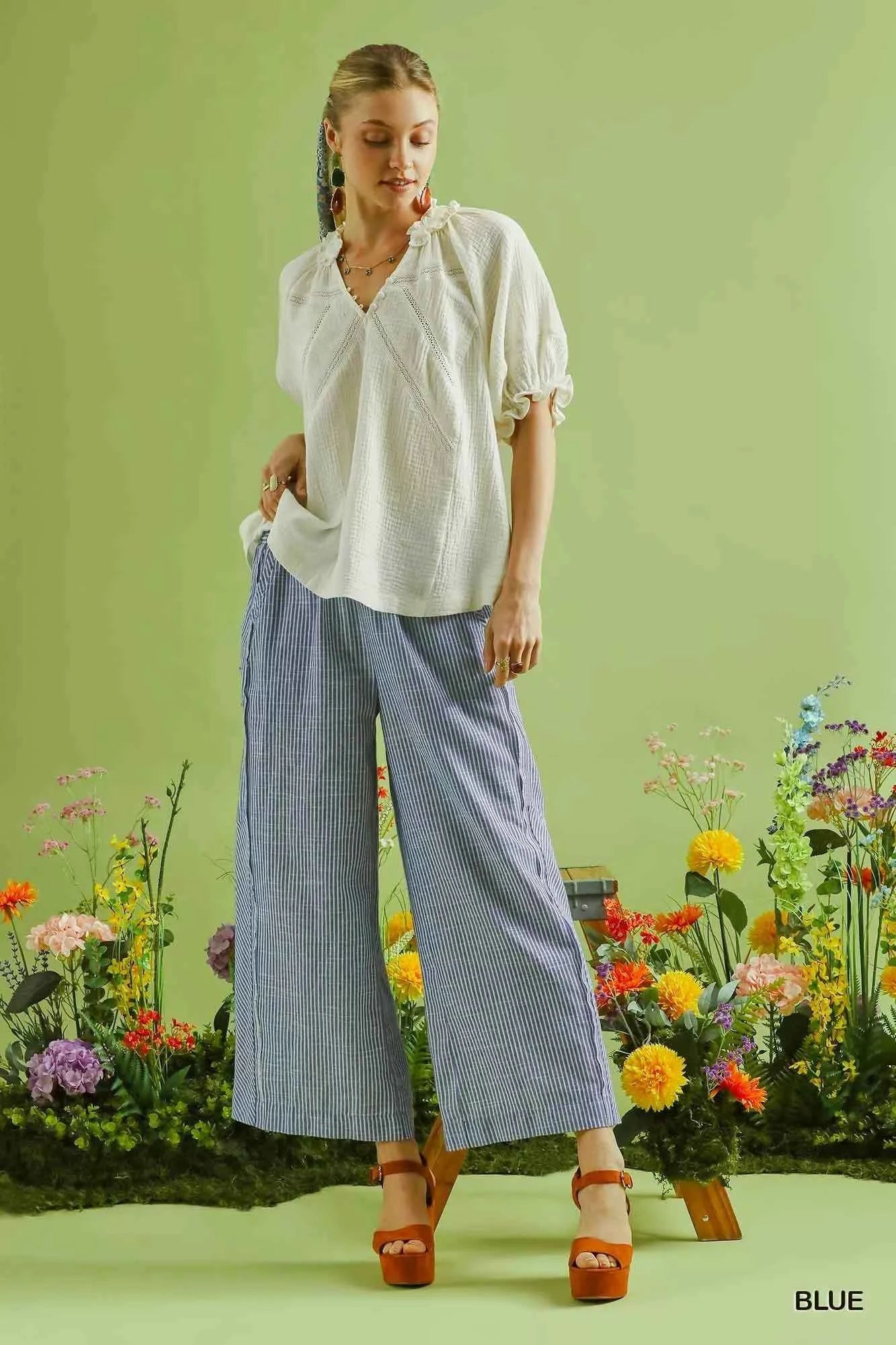 Umgee Linen Blend Wide Leg Pants Blue Striped Drawstring Waist Trousers 405aa89c-570f-47db-a760-457ebabbb7f2-Max-Origin Trendsi