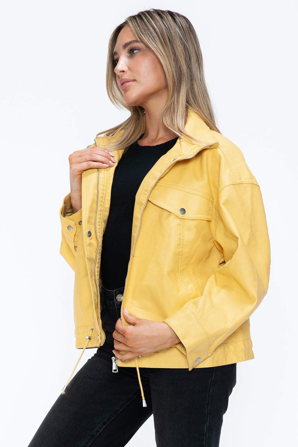 How Dare U Women PU Leather Jacket Drawstring Hem Zip Up Jacket Yellow