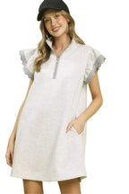 Umgee Zip-Neck Dress with Flutter Sleeves and Side Pockets