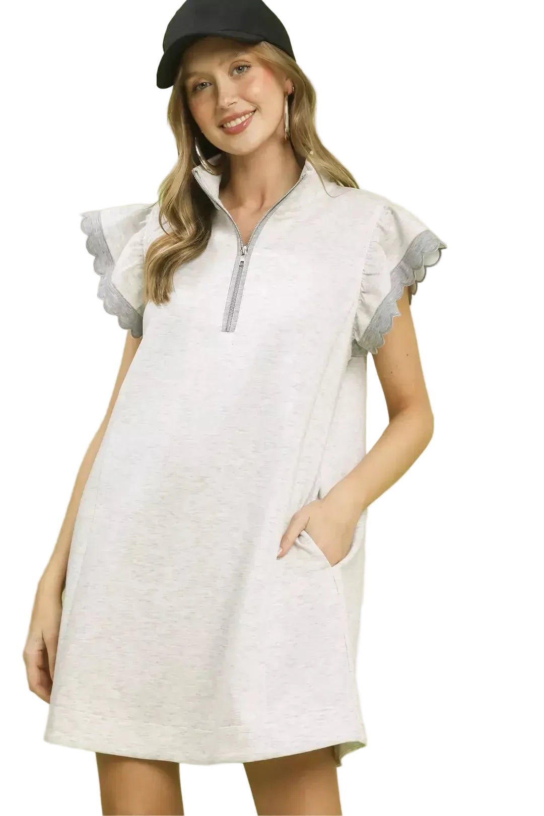 Umgee Zip-Neck Dress with Flutter Sleeves and Side Pockets