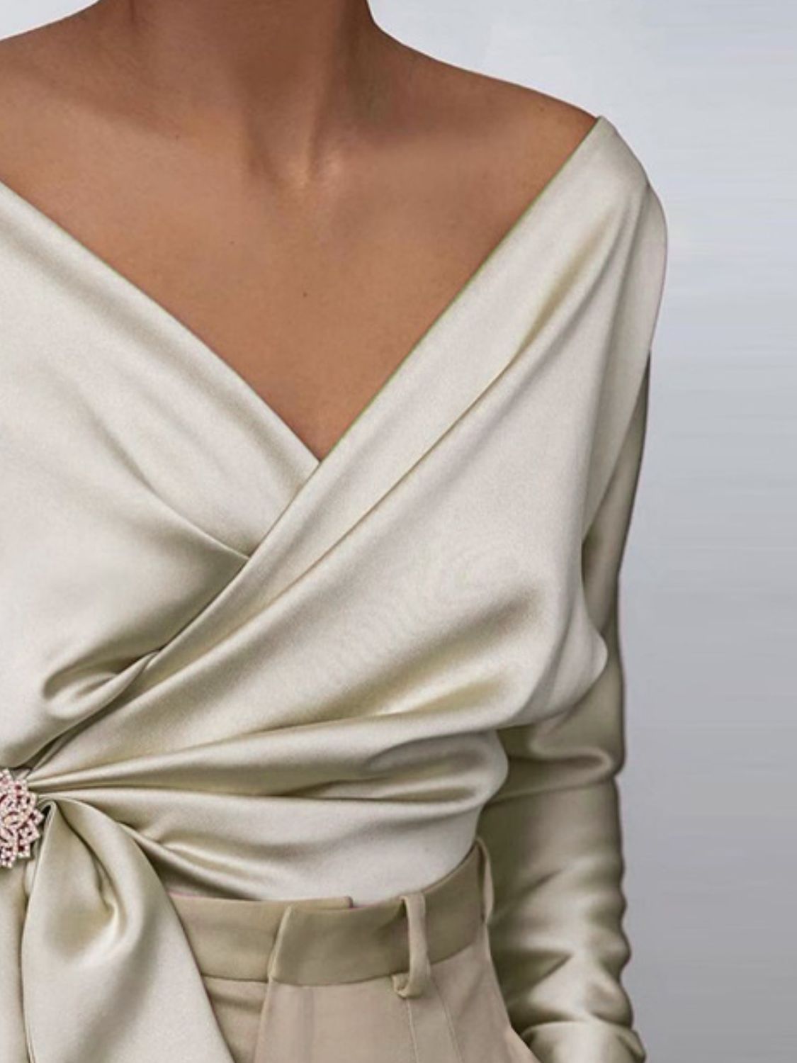 Women's Satin Blouse Surplice Cold Shoulder Long Sleeve Bow Tied Top 406627cc-efef-42e8-9677-26c27a5630dd-Max Trendsi