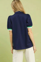 Umgee Blouse Navy Blue Puff Short Sleeve Zip Front with Contrast Striped Trim 406d5245-63c5-4006-aea2-a93c8a2636a3-Max-Origin Trendsi