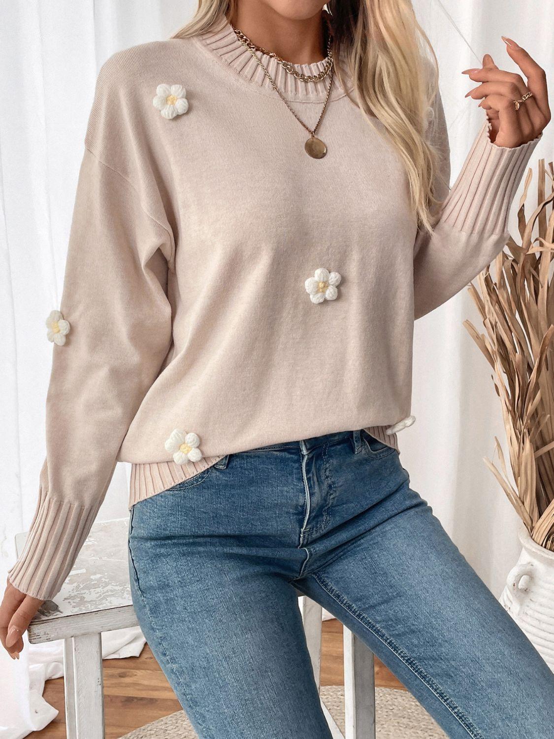 Perfee Sweater Flower Round Neck Long Sleeve Knitwear 406dcec3-94eb-4566-a22f-bda7e55db15e-Max Trendsi