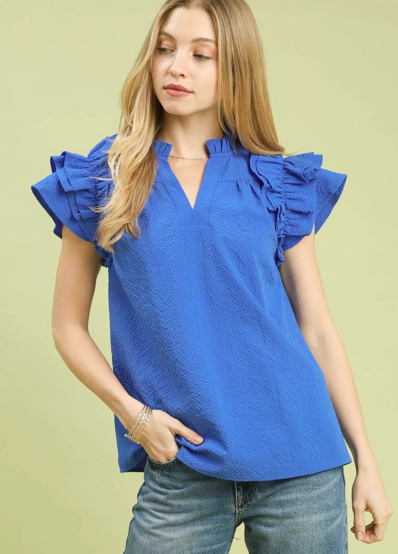 Umgee Women Blouse Textured Ruffle Sleeve Notched Top Ocean Blue OCEAN 40729174-74d3-4daa-8e2f-73ba1dcee918-Max-Origin Trendsi