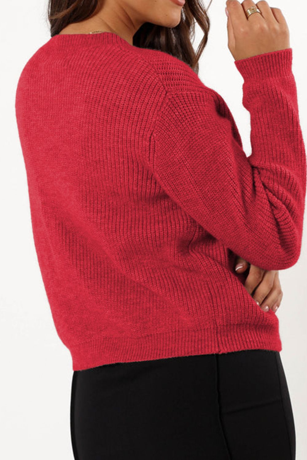 Women's Cardigan with Bow Tie Front Deep Red Knit Long Sleeve