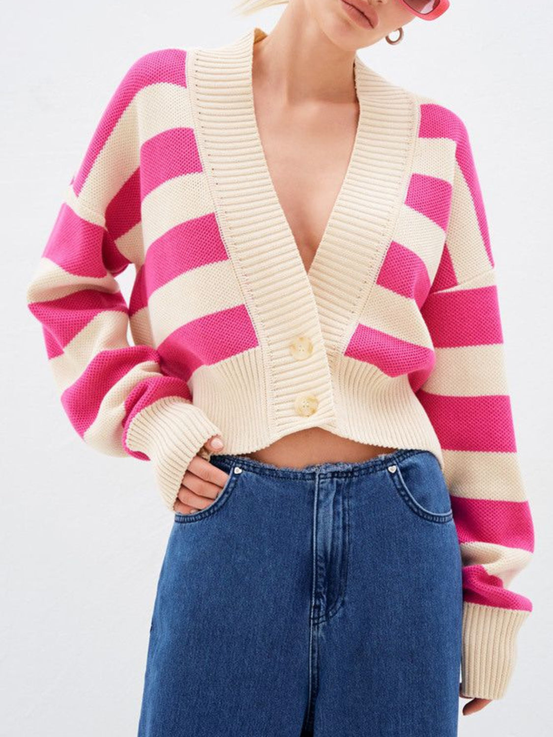 Women Cardigan Striped V Neck Button Down Long Sleeve Soft Acrylic Sweater Pink One Size 407d4a01-32d7-47ff-bf66-af2cfd259e75-Max Trendsi