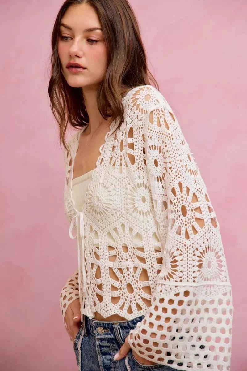 SO ME Floral Pattern Crochet Knit Tie Front Crop Cardigan