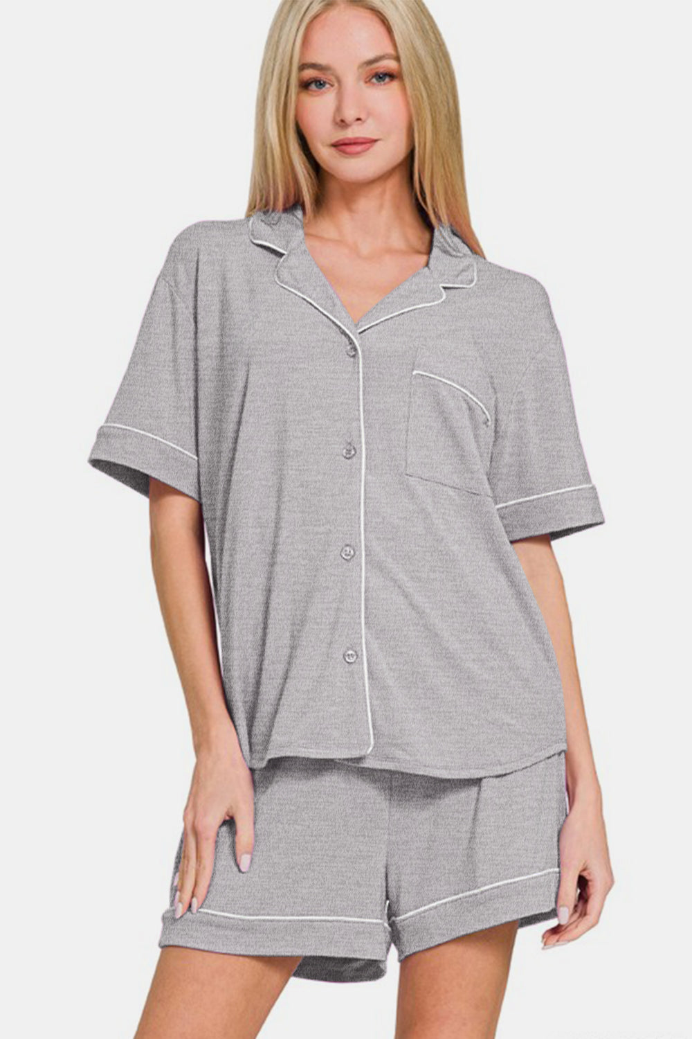 Zenana Lounge Set Light Gray Button Down Short Sleeve Top and Shorts