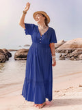 Plus Size Maxi Dress with Lace Details, Tie Neck, and Short Sleeves