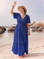Plus Size Maxi Dress with Lace Details, Tie Neck, and Short Sleeves