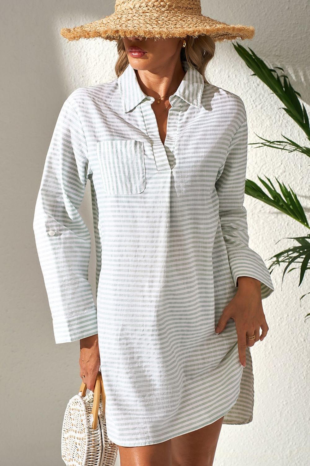 Mini Shirt Dress Striped Johnny Collar Long Sleeve Cotton Pocket Dresses 40966a38-c6eb-437f-9a51-a52bc35c5a1d-Max Trendsi