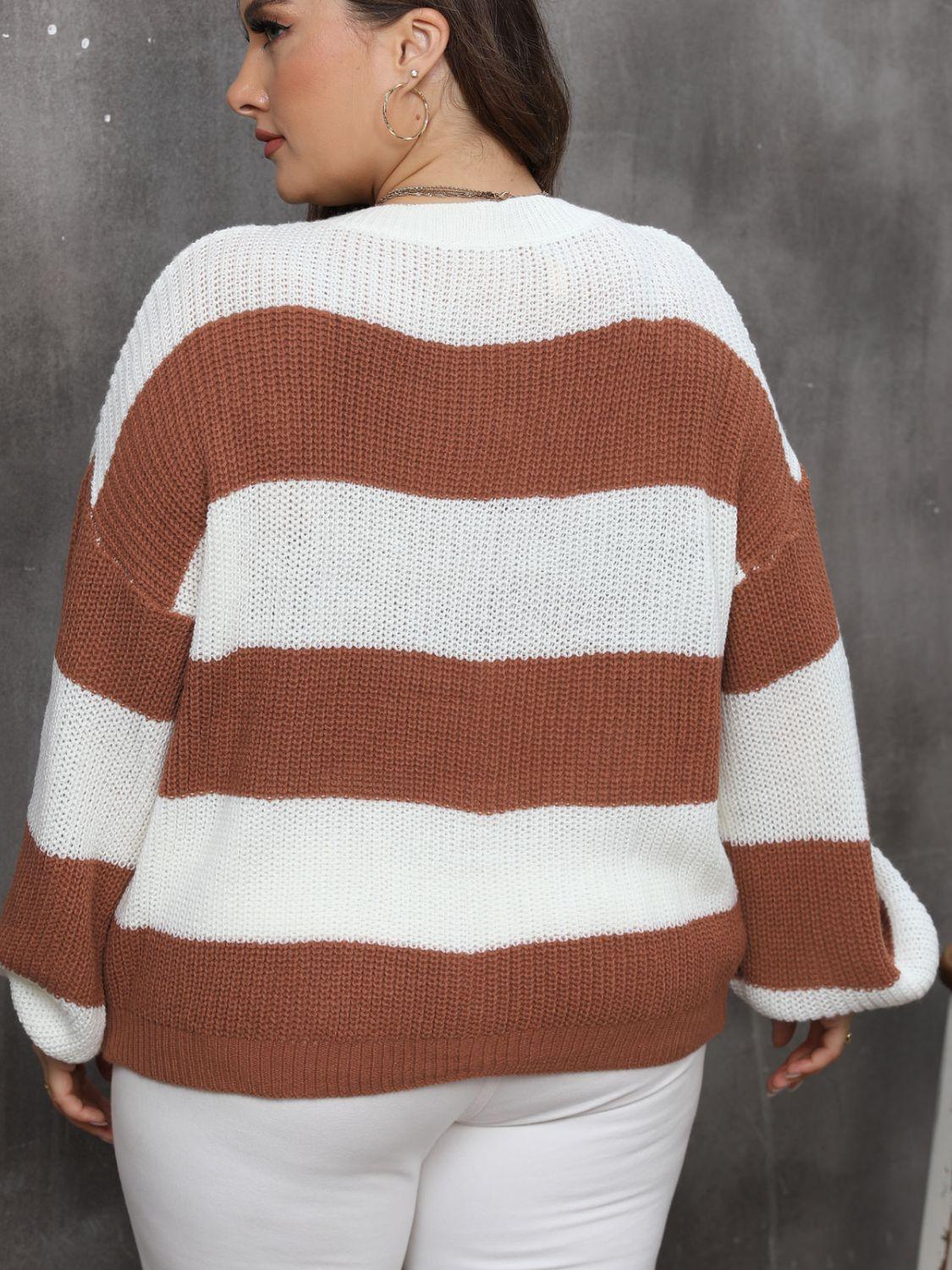 Plus Size Striped Sweater Round Neck Long Sleeve Knitwear 4099a8c0-ac1b-46d4-bd43-e100e7856a39-Max Trendsi