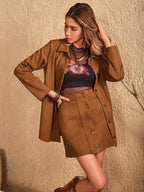Outfit Set Women Jacket and Skirt Button Up Collared Neck Two-piece Set Caramel 40aeeb0e-af49-4501-b9ca-ead39e44e2b7-Max Trendsi
