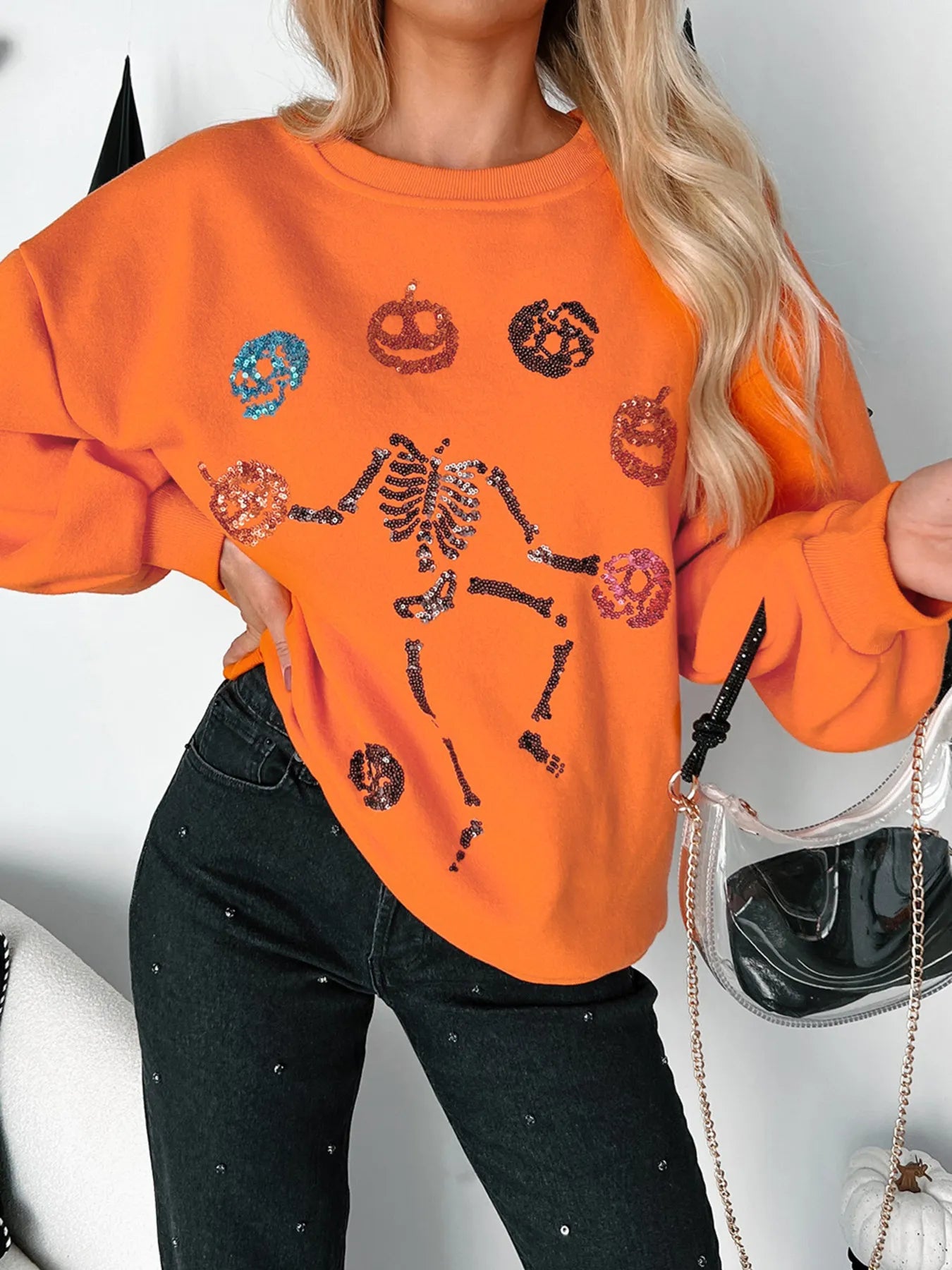 Women's Sweatshirt Halloween Skeleton Pumpkin Sequin Pullover 40b1a8c85d5441e4ad2e043e90fb5724-Max-Origin Trendsi