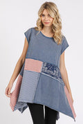 Mittoshop T-shirt Patchwork Mineral Washed Cap Short Sleeve Top NAVY 40b89871-e0fa-4fa0-9cc2-f6473414ac91-Min Trendsi