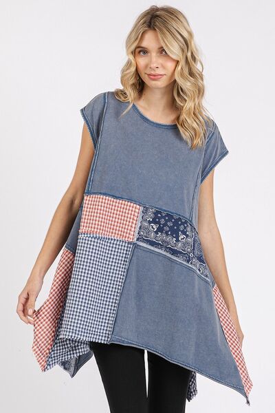Mittoshop T-shirt Patchwork Mineral Washed Cap Short Sleeve Top NAVY 40b89871-e0fa-4fa0-9cc2-f6473414ac91-Min Trendsi