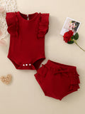 Children's Ribbed Bodysuit and Shorts Set with Ruffle Trim