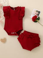 Children's Ribbed Bodysuit and Shorts Set with Ruffle Trim