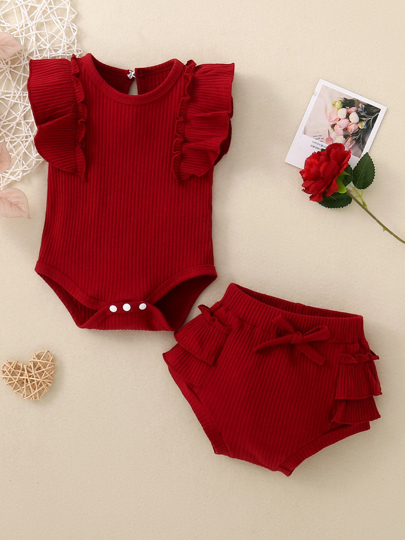 Children's Ribbed Bodysuit and Shorts Set with Ruffle Trim