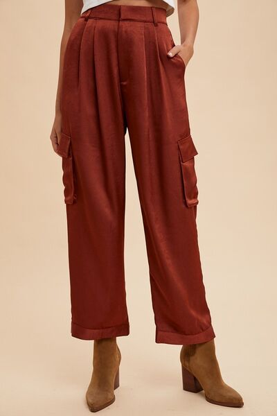 Annie Wear Cargo Satin Pants Burgundy Wide Leg Pocketed Burgundy 40c4e9a7-61fd-44fb-9fbf-27b88adecc32-Min Trendsi