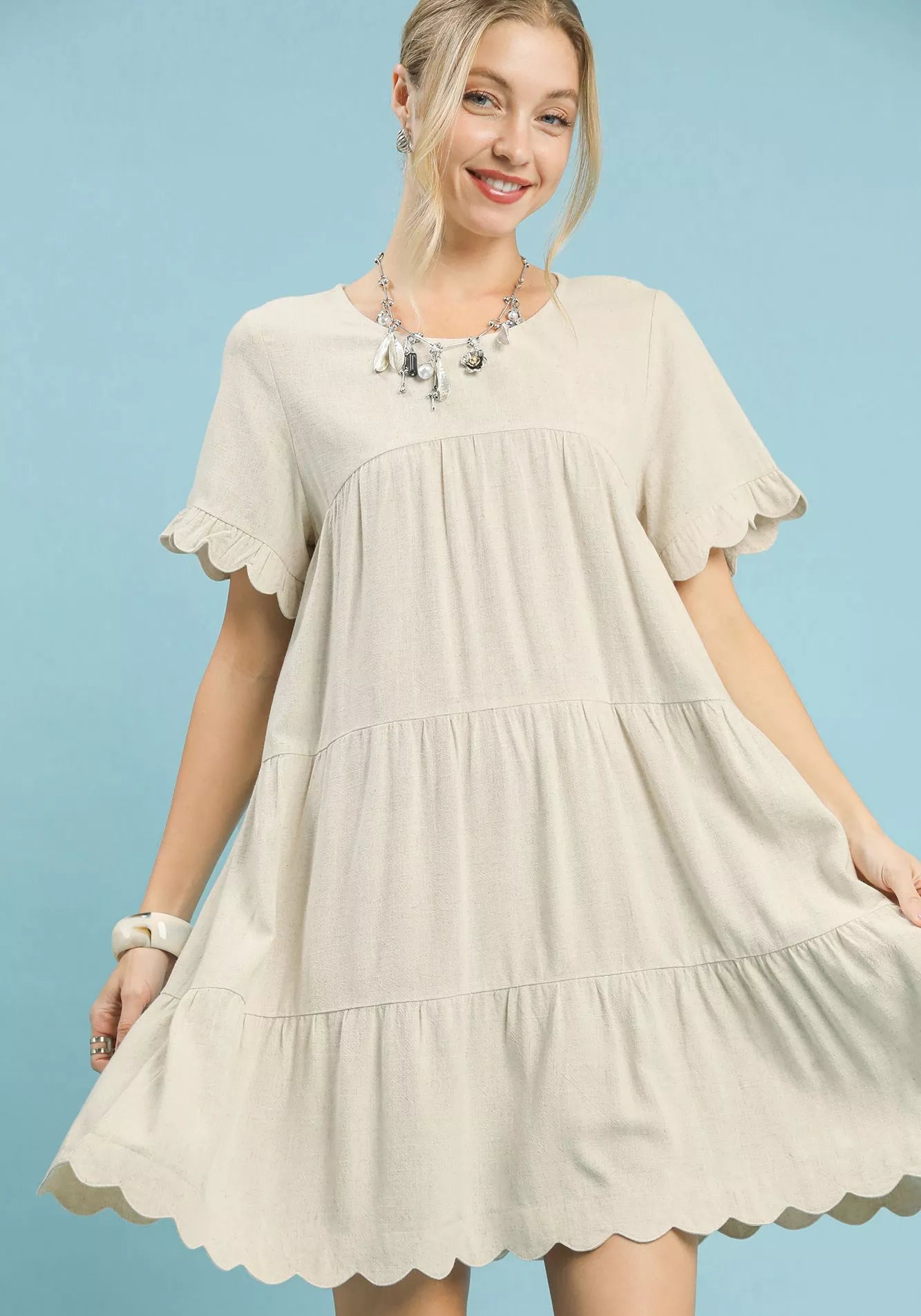 Umgee Linen Tiered Babydoll Dress with Ruffle Sleeves OATMEAL 40c5d384-5fd7-42d2-a952-beb7b262820f-Max-Origin Trendsi