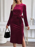 Velvet Midi Dress Burgundy Slit Round Neck Long Sleeve with Side Tie Detail 40d1efcc-cfcf-4161-a8b0-91ec70b3cf44-Max-Origin Trendsi