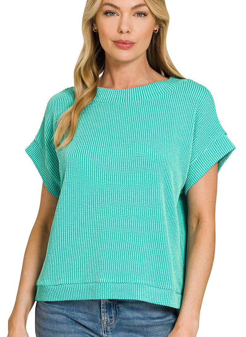 Zenana Raised Rib Cap Sleeve Top with Textured Ribbed Design and Stretch Fabric
