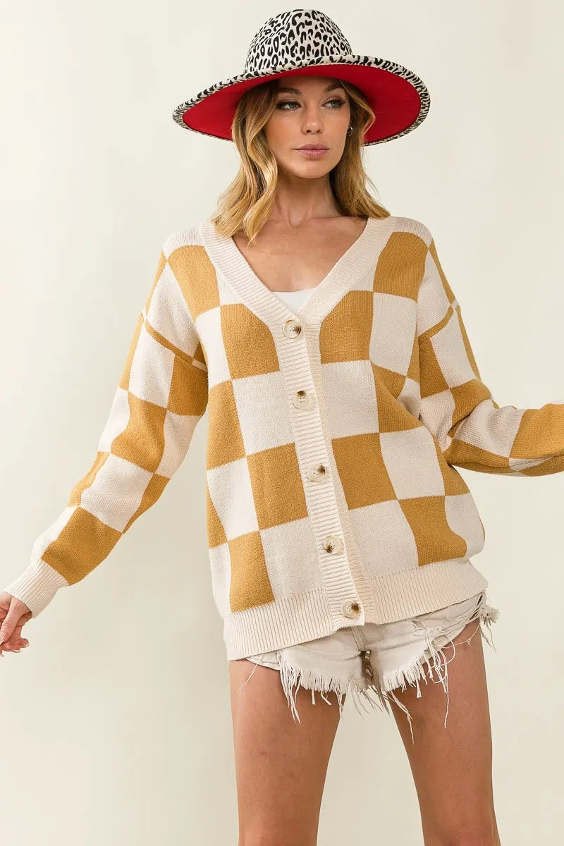 BiBi Cardigan Knit Ivory Camel Checked V-neck Long Sleeve Sweater 40ddb19033ba4d729df892c6e21643e1-Max-Origin Trendsi