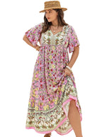 Plus Size Floral Tie Neck Maxi Dress with Flutter Sleeves