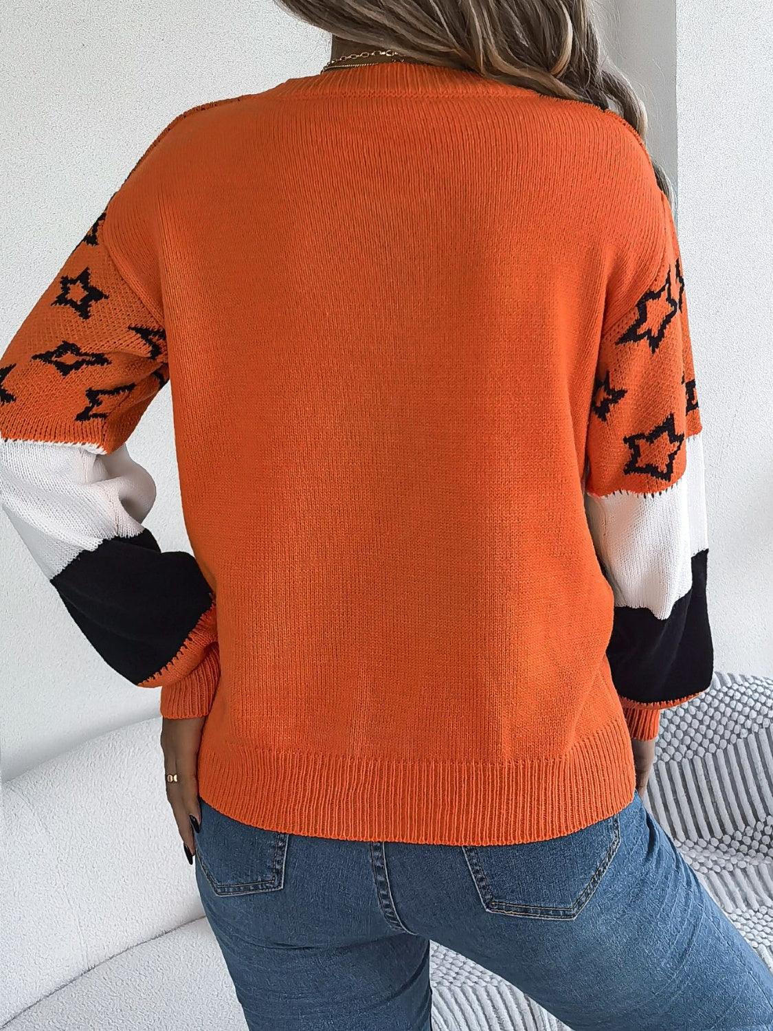 Sweater Star Contrast Round Neck Long Sleeve Knitwear 40f02e12-ac9d-4cdb-929f-59780cd08fb9-Max Trendsi