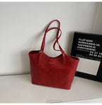 Large Retro Women's Tote Bag Casual Underarm Trendy PU Leather Double Strap Red