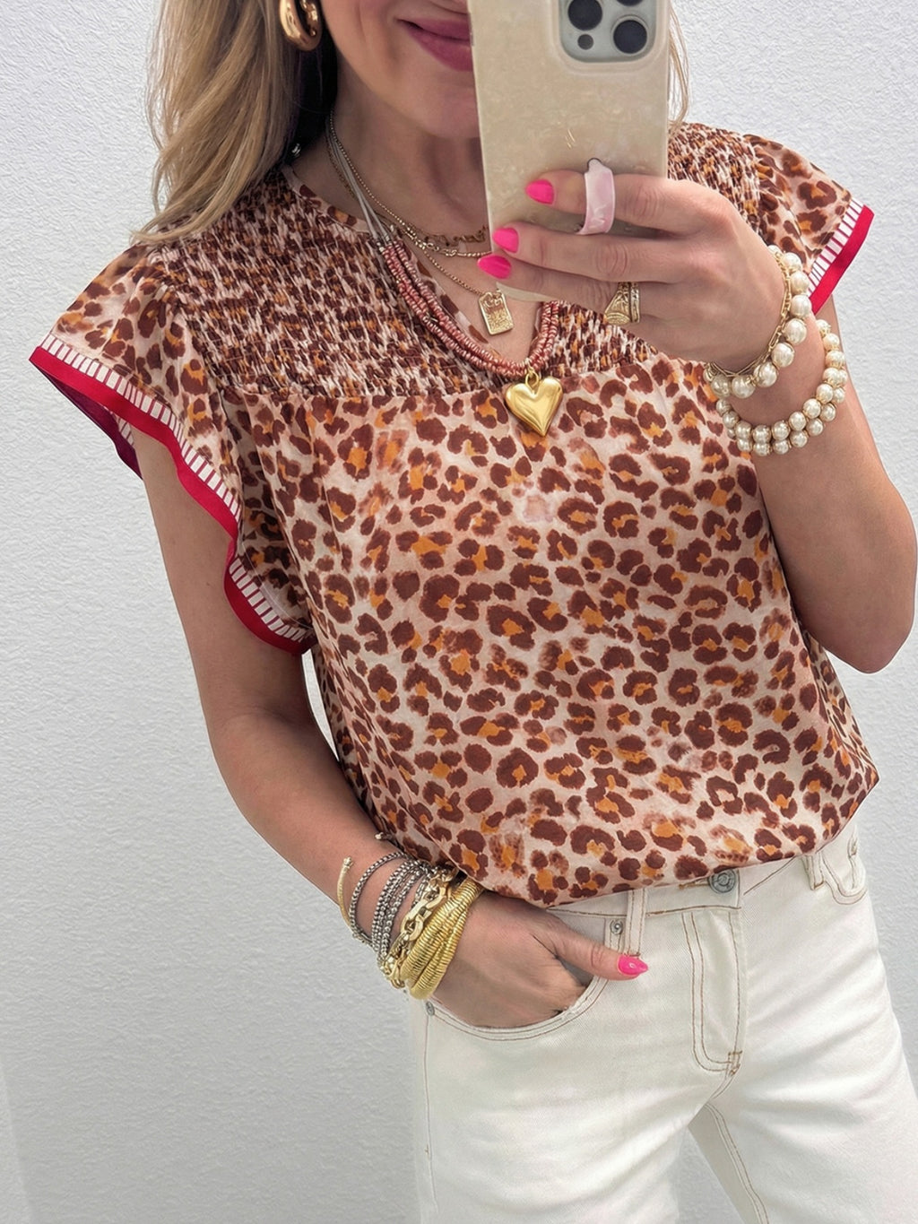 Leopard Print Smocked Blouse with Notched Neckline