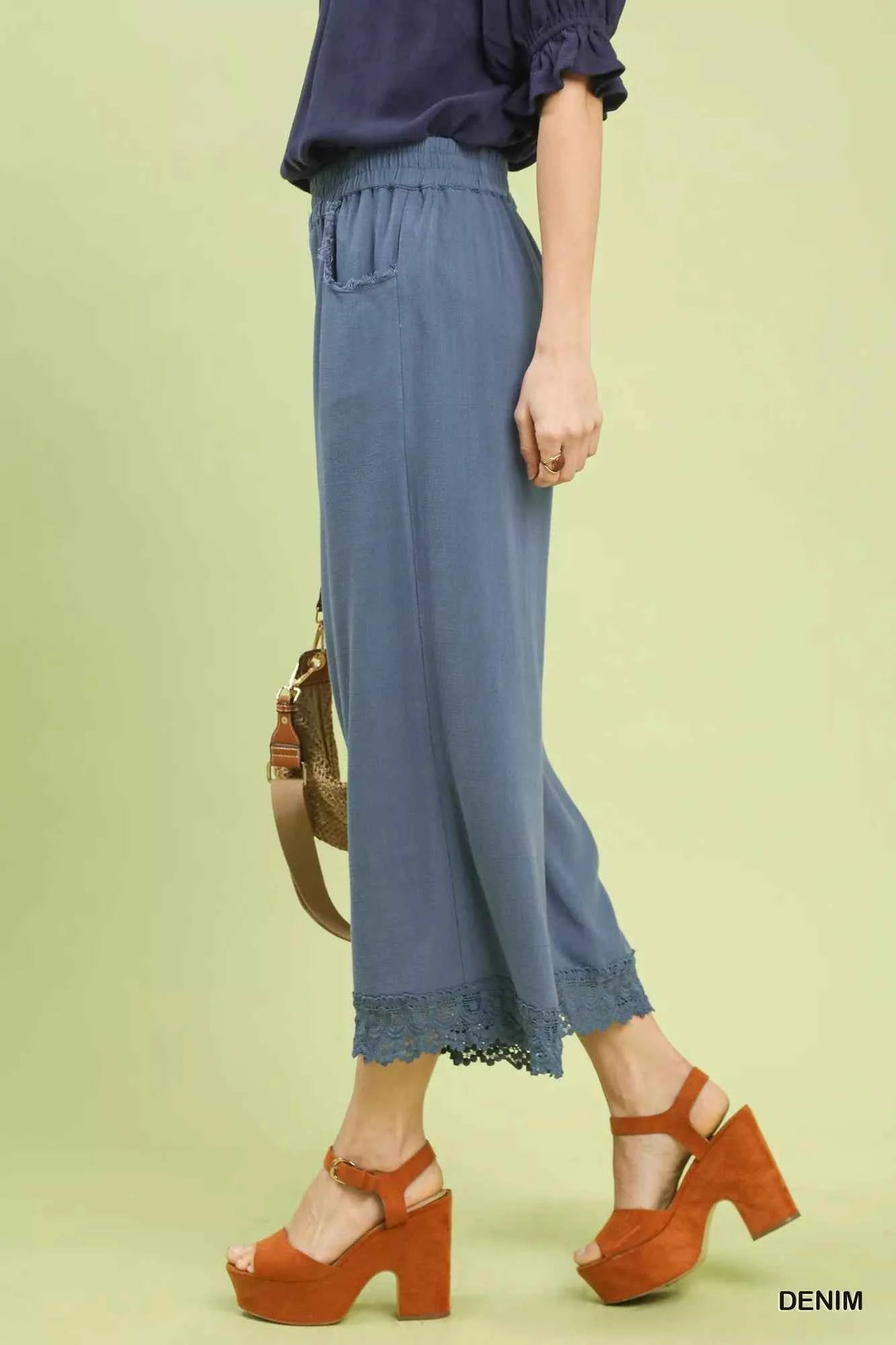 Umgee Wide Leg Cropped Pants Denim Blue Linen Cotton with Lace Trim 41046e70-54df-4881-9403-6ab98eb93920-Max-Origin Trendsi