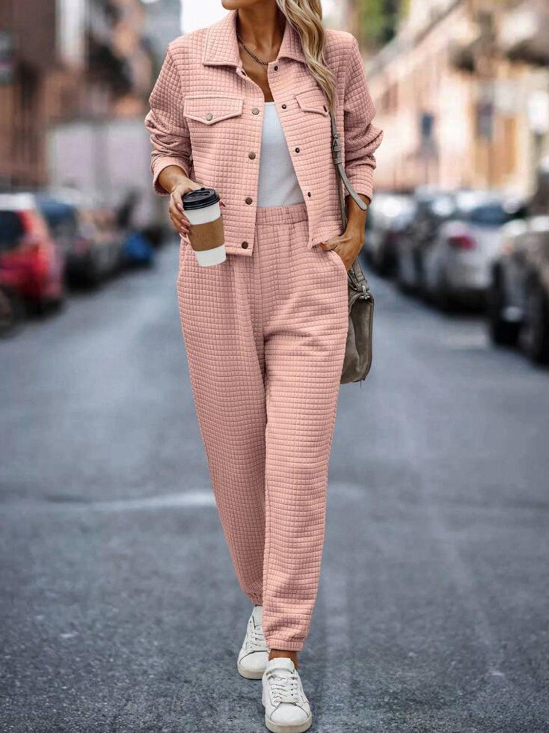 Outfit Set Plaid Texture Snap Down Top and Pants Set 4109738f-adb2-4854-95ba-244c28d9da63-Max Trendsi